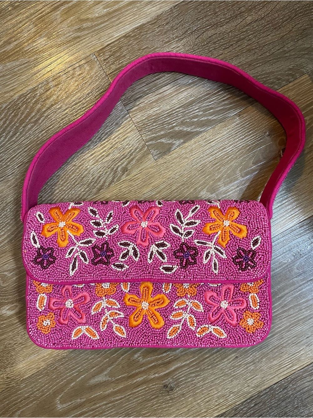 Lulu's Hot Pink Beaded Floral Shoulder Bag